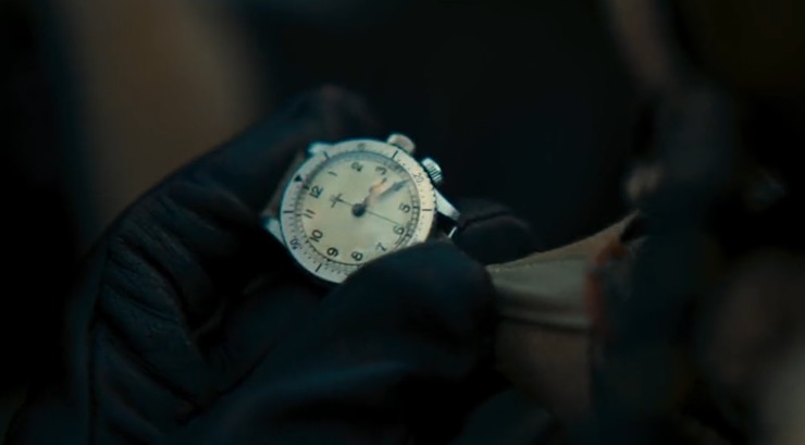 Tom Hardy checking an Omega CK2129 while flying a Spitfire in Dunkirk