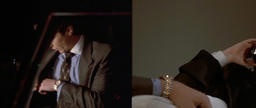 Christian Bale wearing a Seiko 5 SNXJ90 in American Psycho