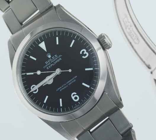 Close view of Ian Fleming’s black-dial Rolex Explorer on a steel bracelet.