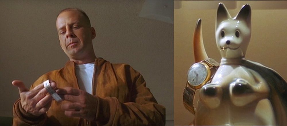 Christopher Walken holding the gold-toned wristwatch inherited by Butch in Pulp Fiction