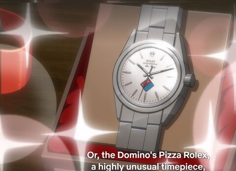 The wearer with the Rolex Air-King Domino's Pizza in Neo Yokio: Pink Christmas (2018)