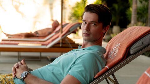 Patrick Schwarzenegger as Saxon Ratliff with the Rolex Milgauss 116400GV in The White Lotus (2021)