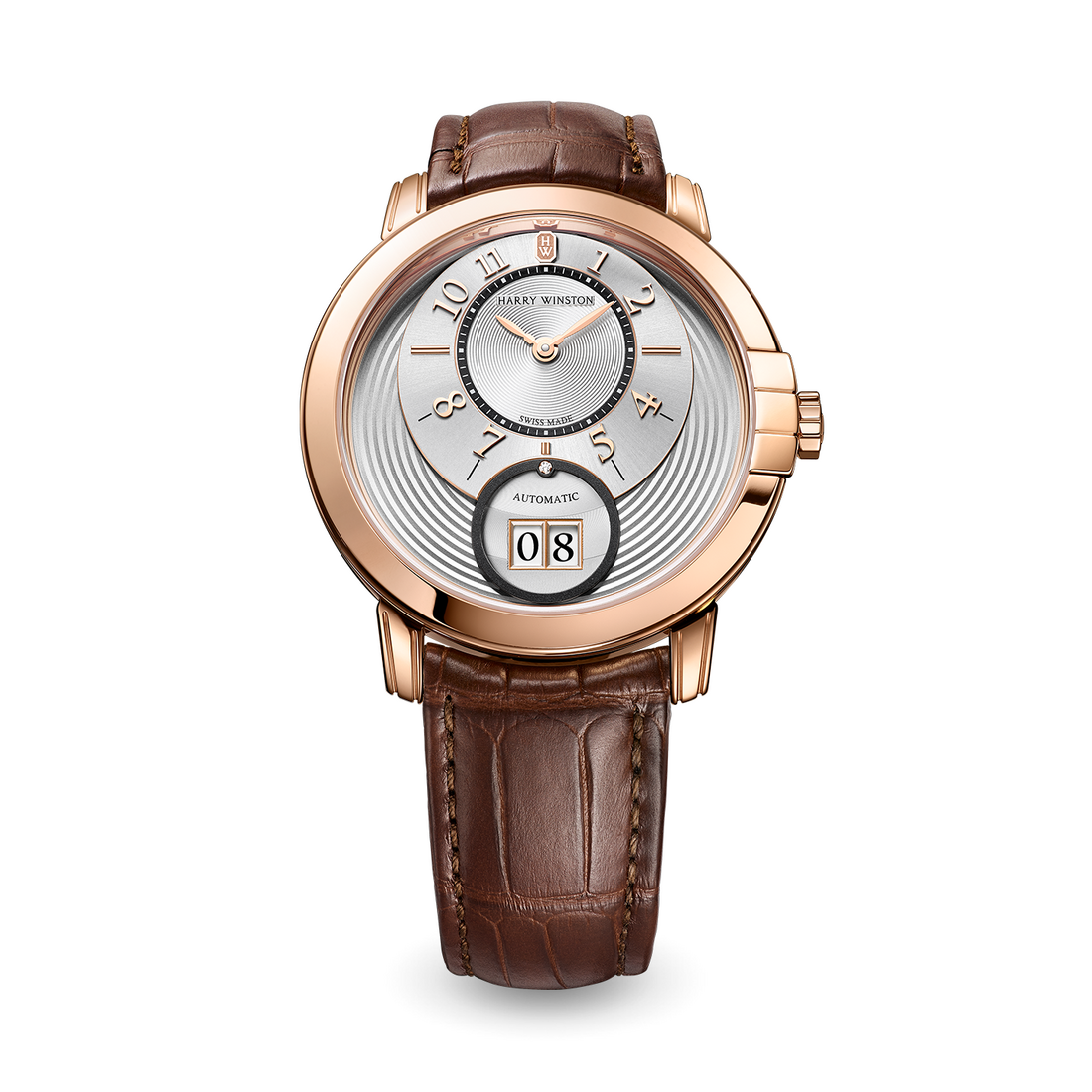 A rose-gold-colored Harry Winston Midnight Big Date has an upper time display, lower date aperture and three projections beside the crown.