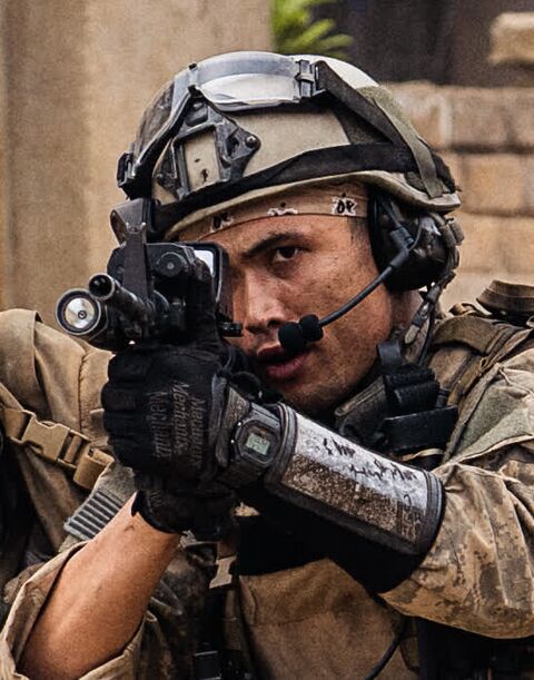 Charles Melton as Jake with the Casio G-Shock DW5600E-1V in Warfare (2025)