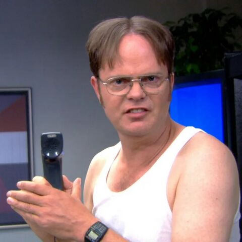 Rainn Wilson as Dwight Schrute with the Casio Databank DBC-30 in The Office (2005)