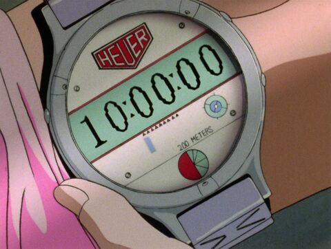 The wearer as Kazumi Amano with the Heuer (unidentified model) in Gunbuster (1988)