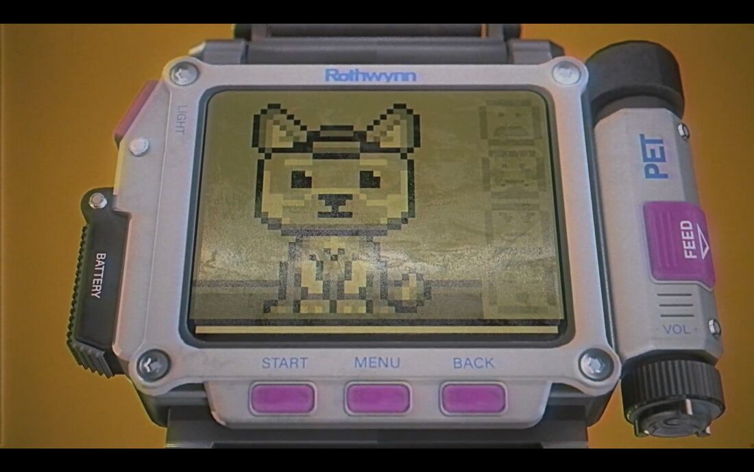 A fictional Rothwynn digital watch with a pixel pet on its display and pink buttons.