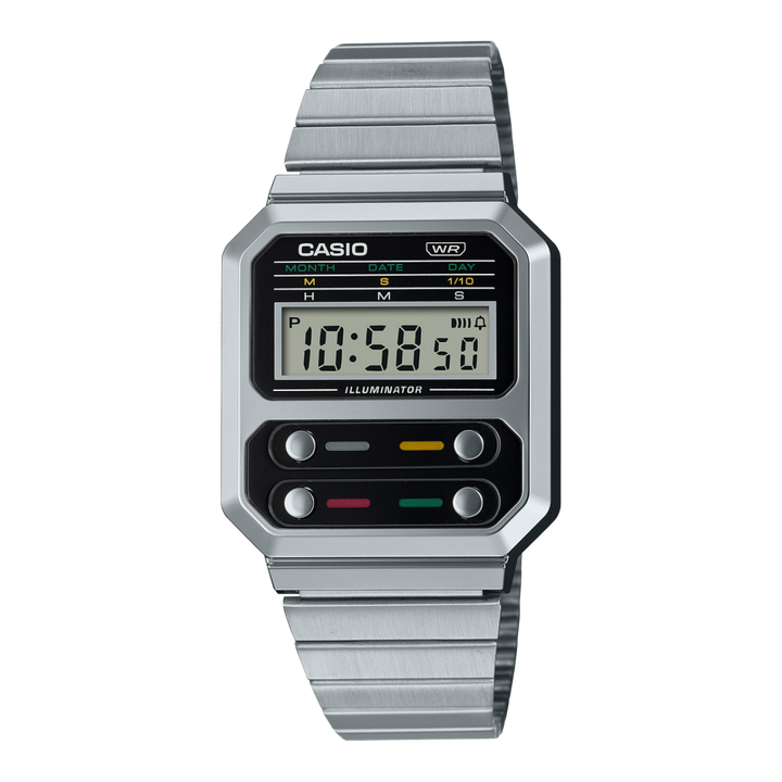Casio A100WE-1A with four colored front pushers and steel bracelet