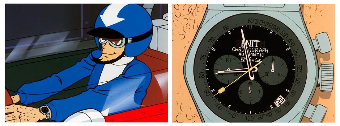 A two-image composite shows Jigen driving and a close view of his dark three-register Zenith chronograph.