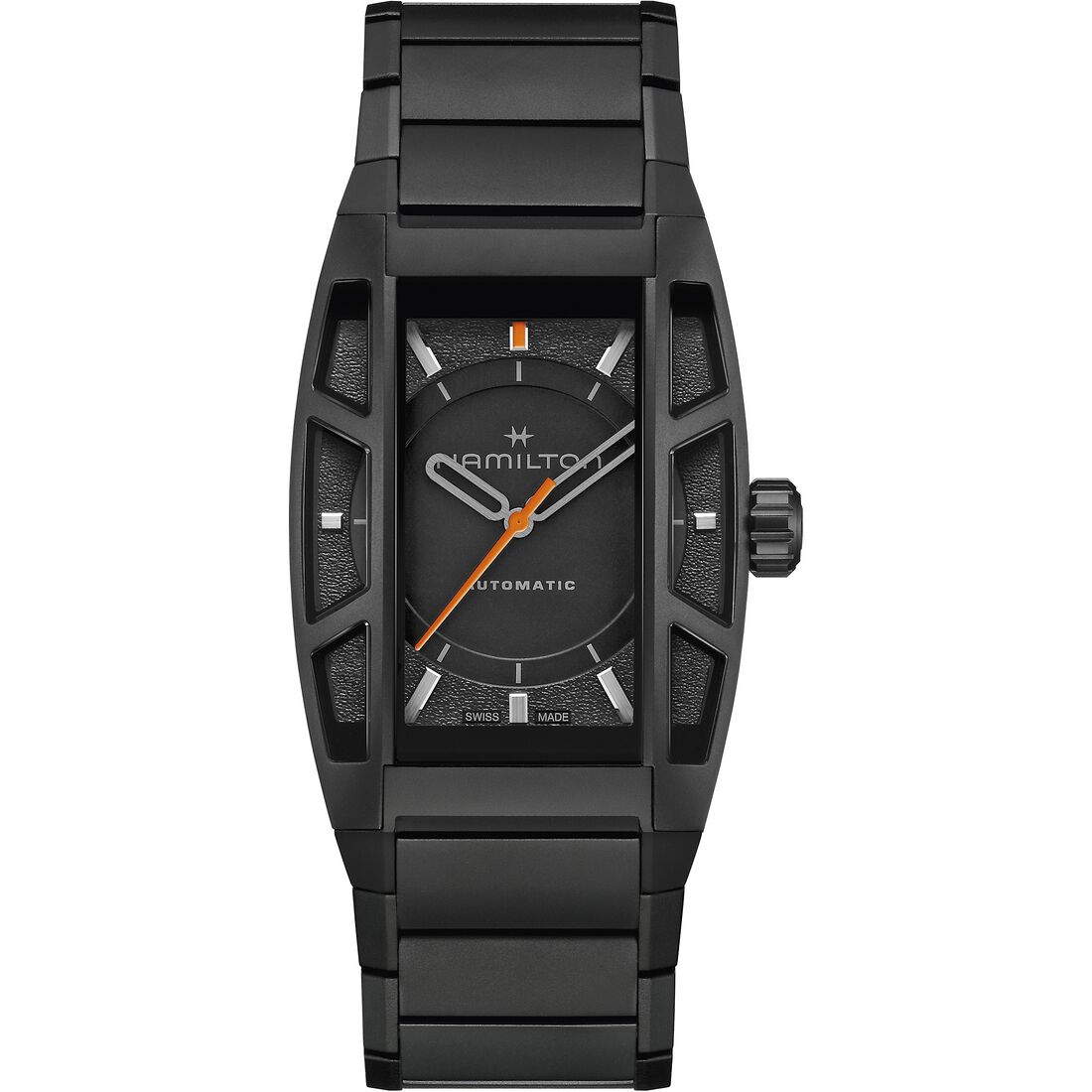 Black Hamilton Boulton with a matching bracelet, orange seconds hand and narrow side windows.