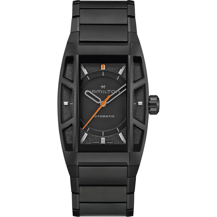 Black Hamilton Boulton with an orange seconds hand, central crystal and six narrow side windows.