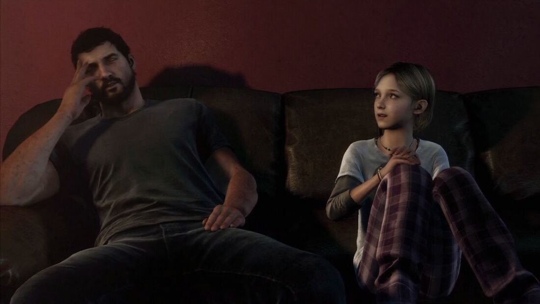 Joel sits beside Sarah on a dark couch during the game’s opening conversation.