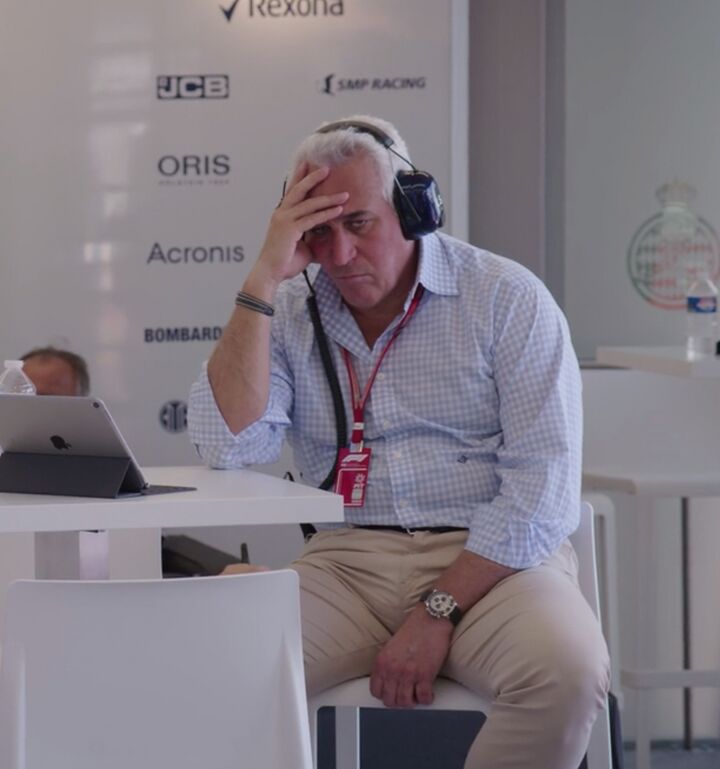 Lawrence Stroll wearing a white-gold Rolex Daytona with a ceramic bezel