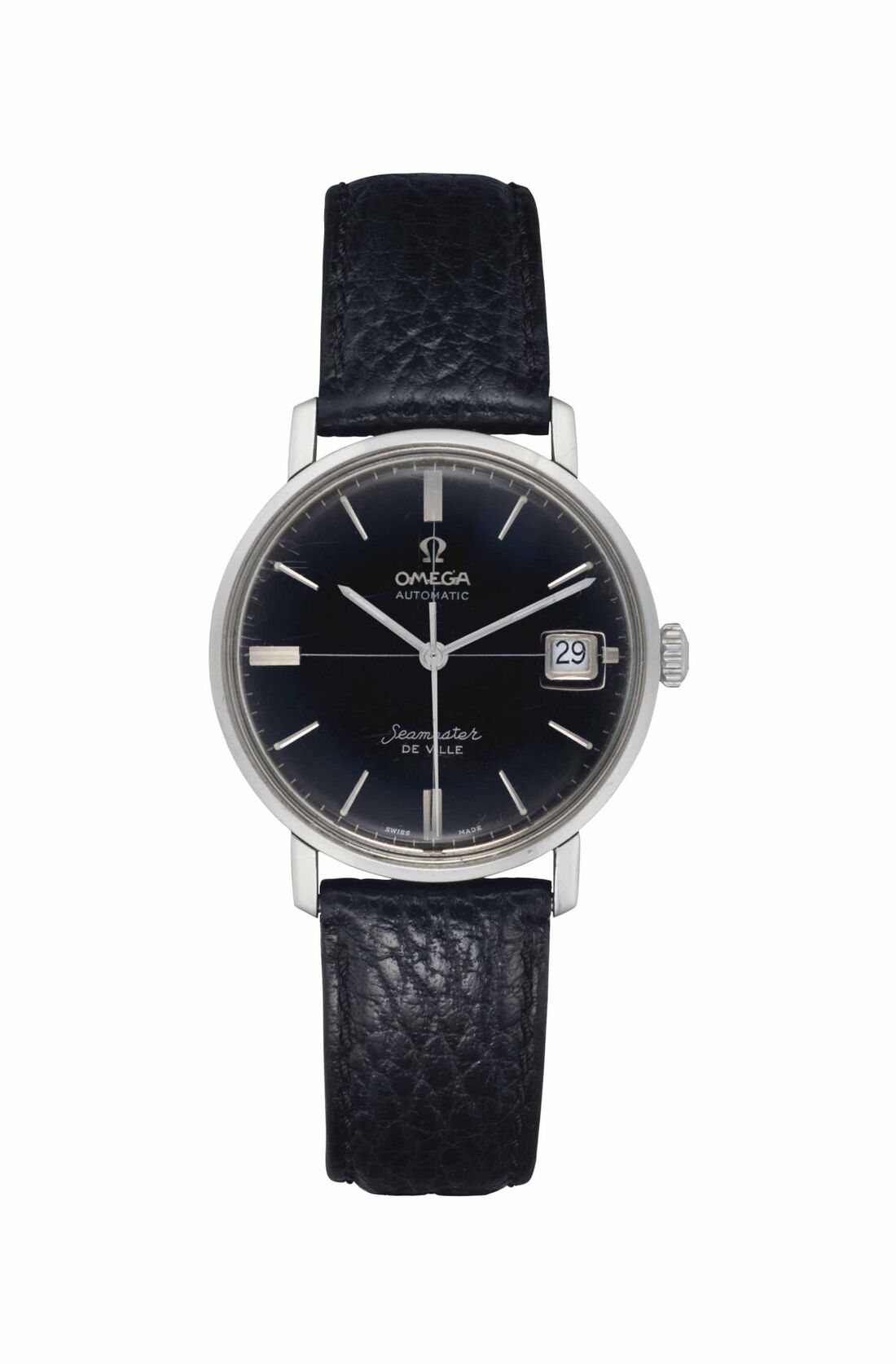 Front view of a steel Omega with a black crosshair dial, date window and black leather strap.