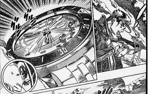 The wearer as Jotaro Kujo with the Jotaro Kujo's manga watch in JoJo's Bizarre Adventure: Stone Ocean (2000)