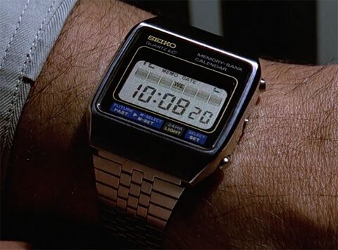 Roger Moore as James Bond with the Seiko M354 Memory Bank Calendar in Moonraker (1979)