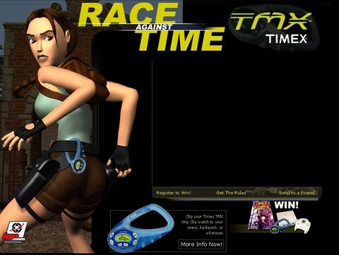 The wearer as Lara Croft with the Timex TMX in Tomb Raider: Race Against Time (2000)
