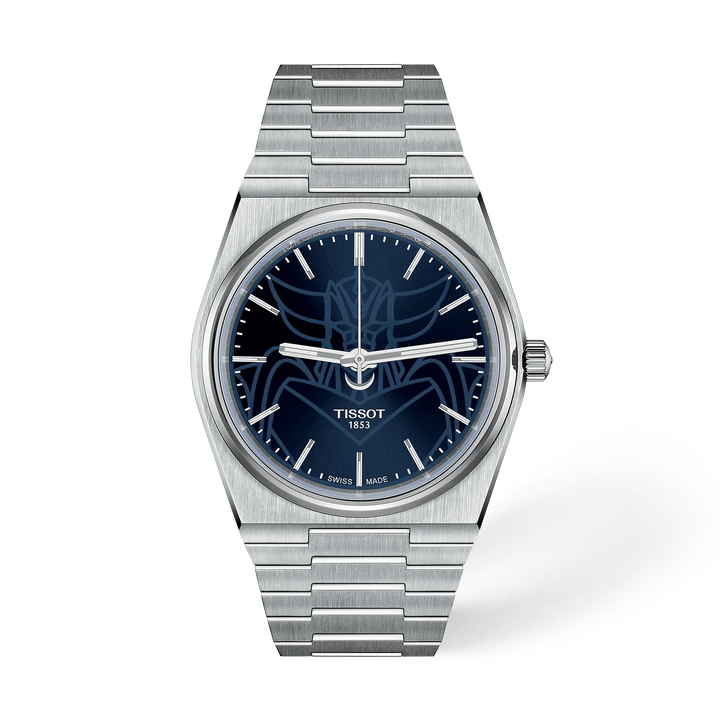 Tissot PRX UFO Robot Grendizer with a deep blue dial and glowing Grendizer bust