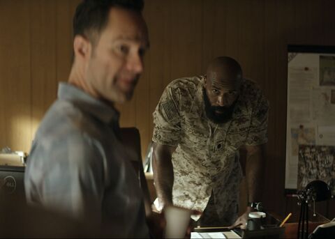 LaMonica Garrett as CDR Bill Cox with the Resco Manus in The Terminal List: Dark Wolf (2025)