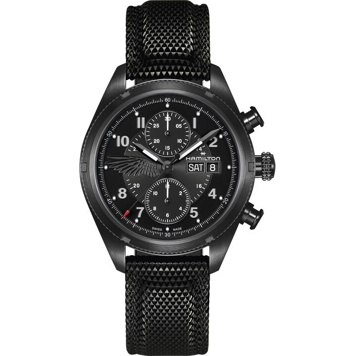 Black Hamilton chronograph with two registers, a day-date window and a wing across the dial.