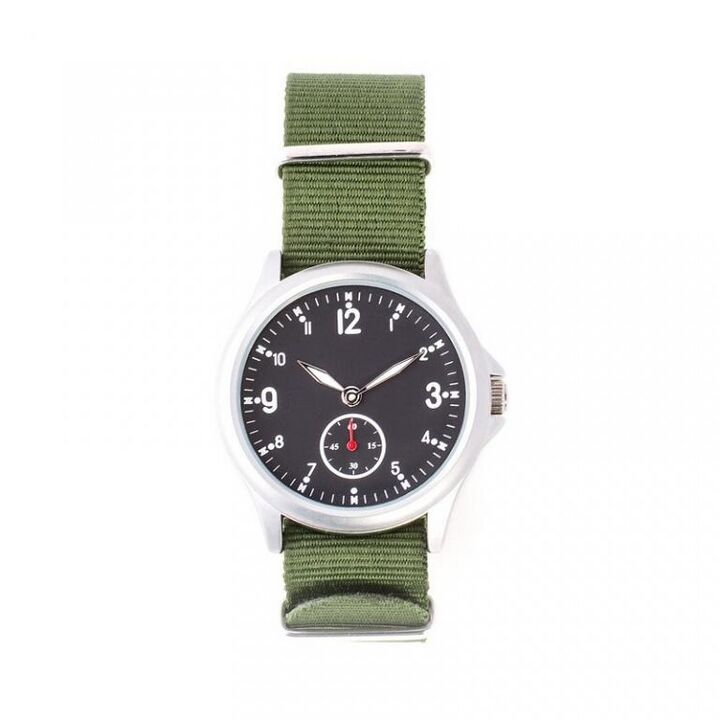 Silver-colored watch with a black numeral dial, red small-seconds hand and olive nylon strap.