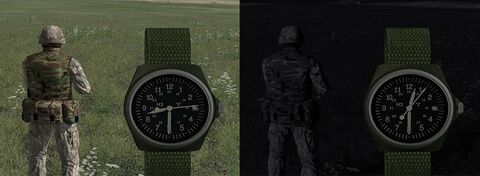 The wearer as Player character (HUD watch) with the Stocker & Yale 490 in ArmA: Armed Assault (2006)