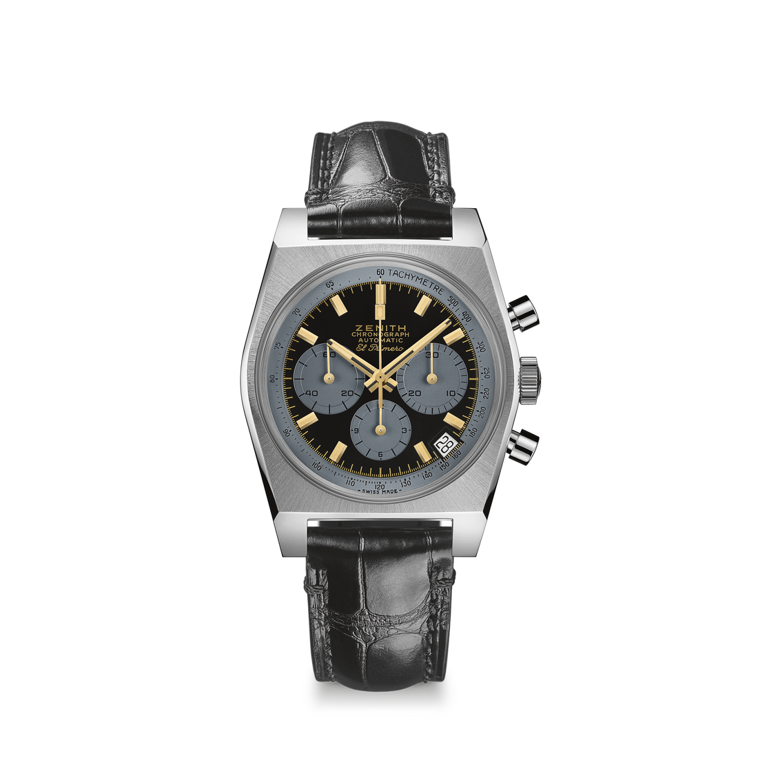 The 2019 Zenith revival has a black dial, grey registers, gilt markers and a black leather strap.