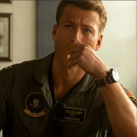 Glen Powell as Jake "Hangman" Seresin with the IWC (unidentified model) in Top Gun: Maverick (2022)