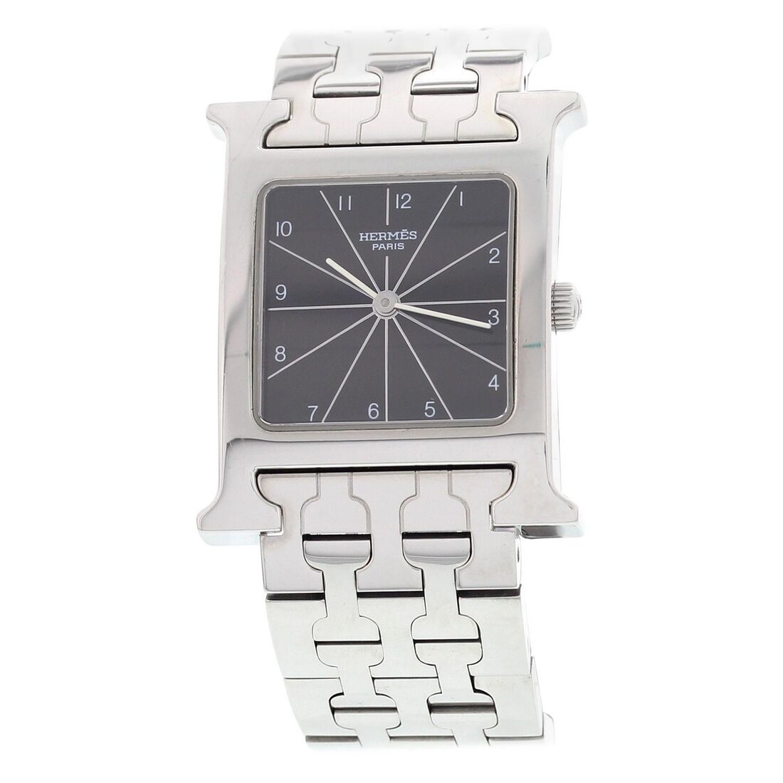 An H-shaped Hermès case surrounds a dark rectangular dial and joins a metal bracelet.