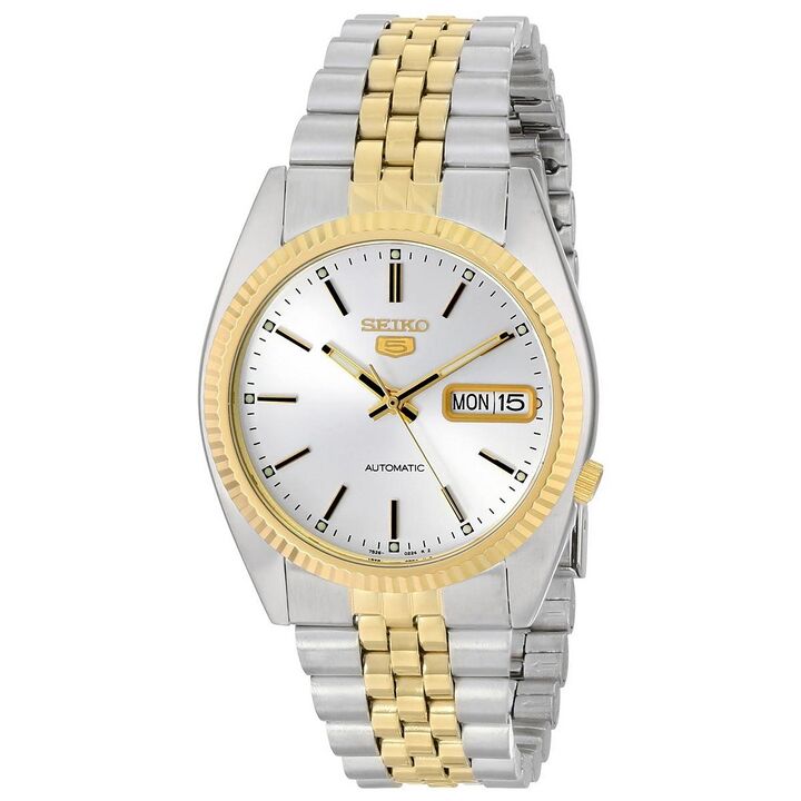 Seiko 5 SNXJ90 two-tone automatic watch with fluted-look bezel and five-link bracelet