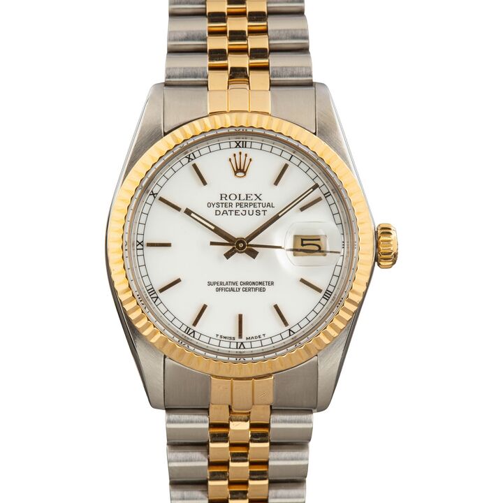 Rolex Datejust 16013 two-tone watch with fluted gold bezel and Jubilee bracelet