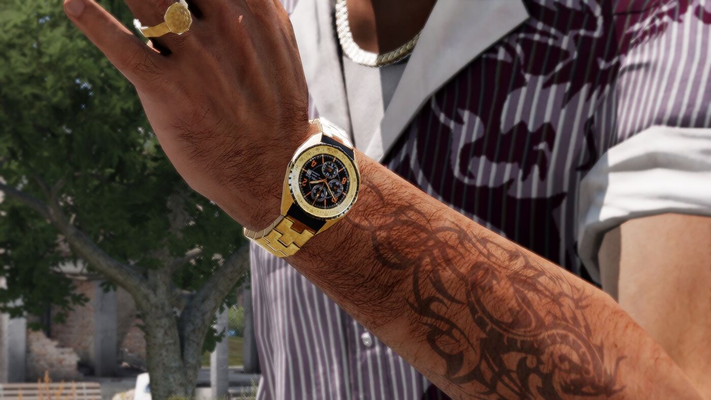 A tattooed forearm with a gold-colored bracelet watch and dark dial in Arma 3.