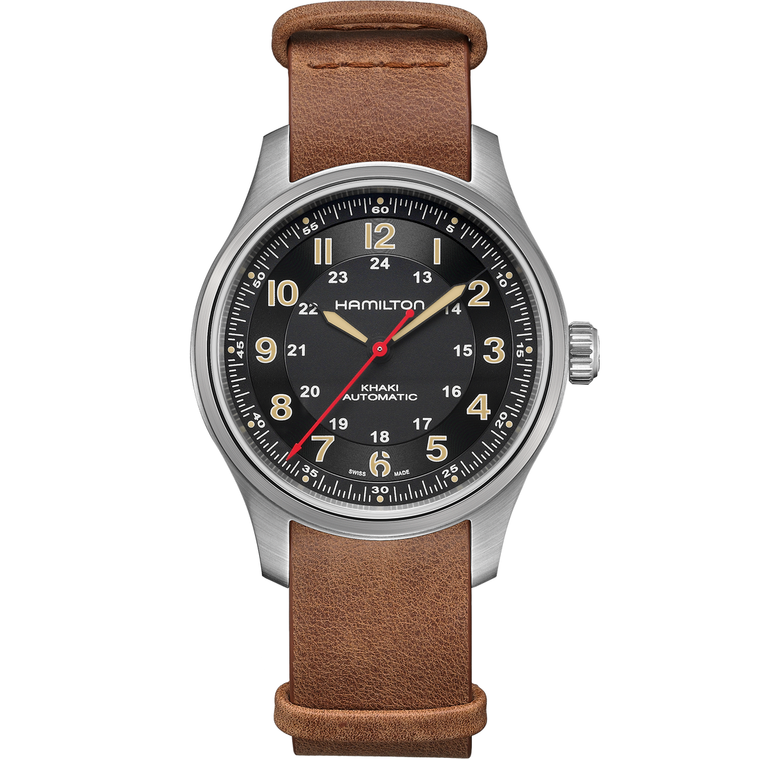 A black-dial Hamilton field watch with a red seconds hand, split 6 and brown leather strap.