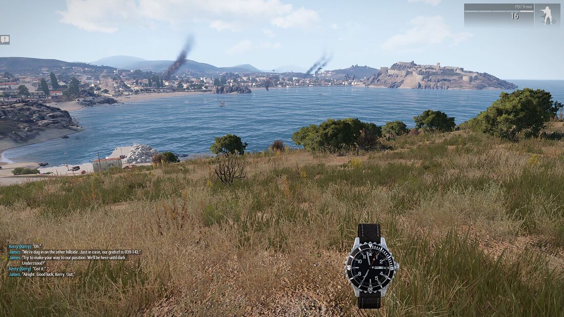 An Arma 3 coastal landscape with a round black-dial watch displayed at lower right.