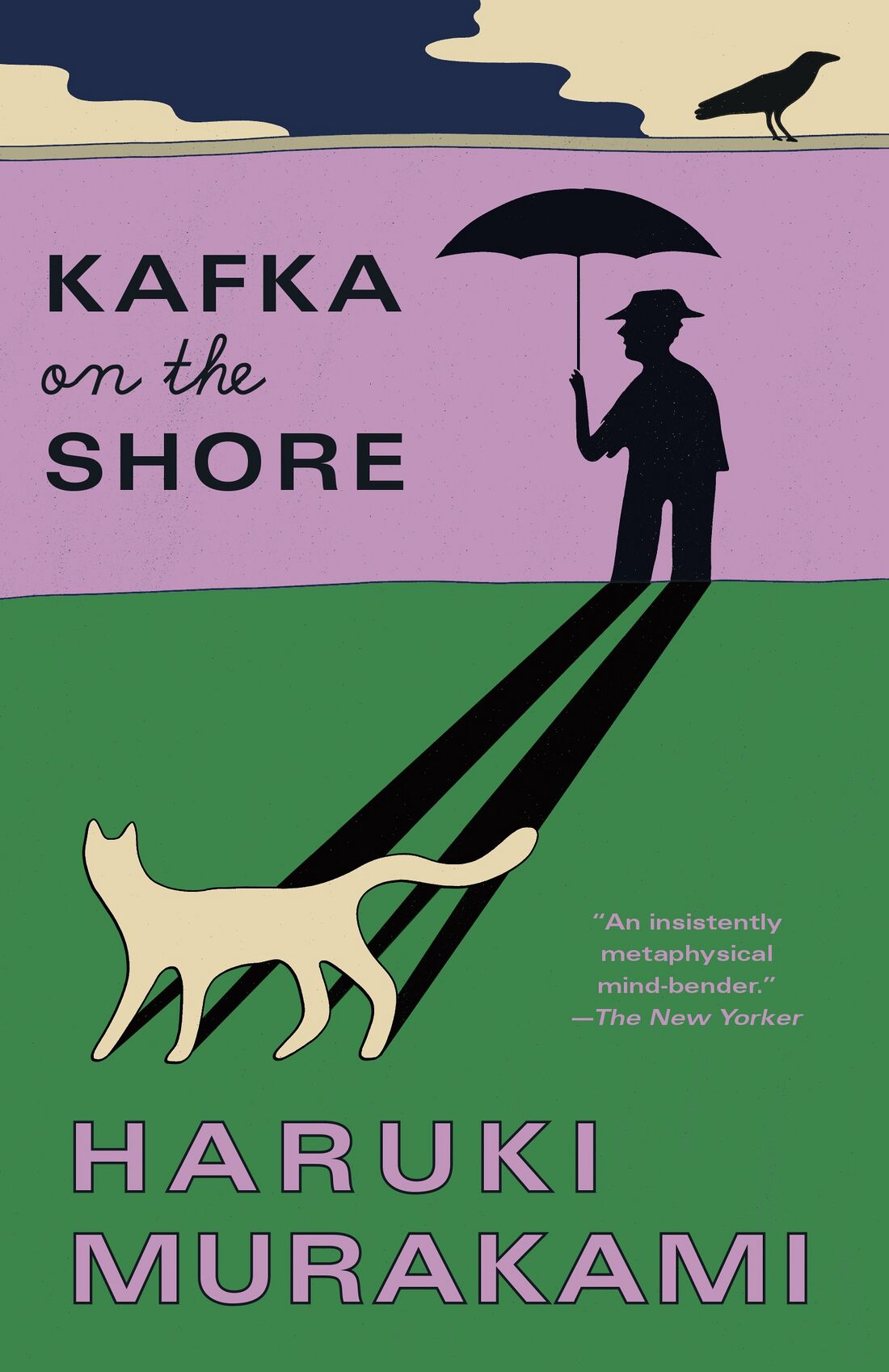 Purple-and-green Kafka on the Shore cover with a cat, crow and a man holding an umbrella.