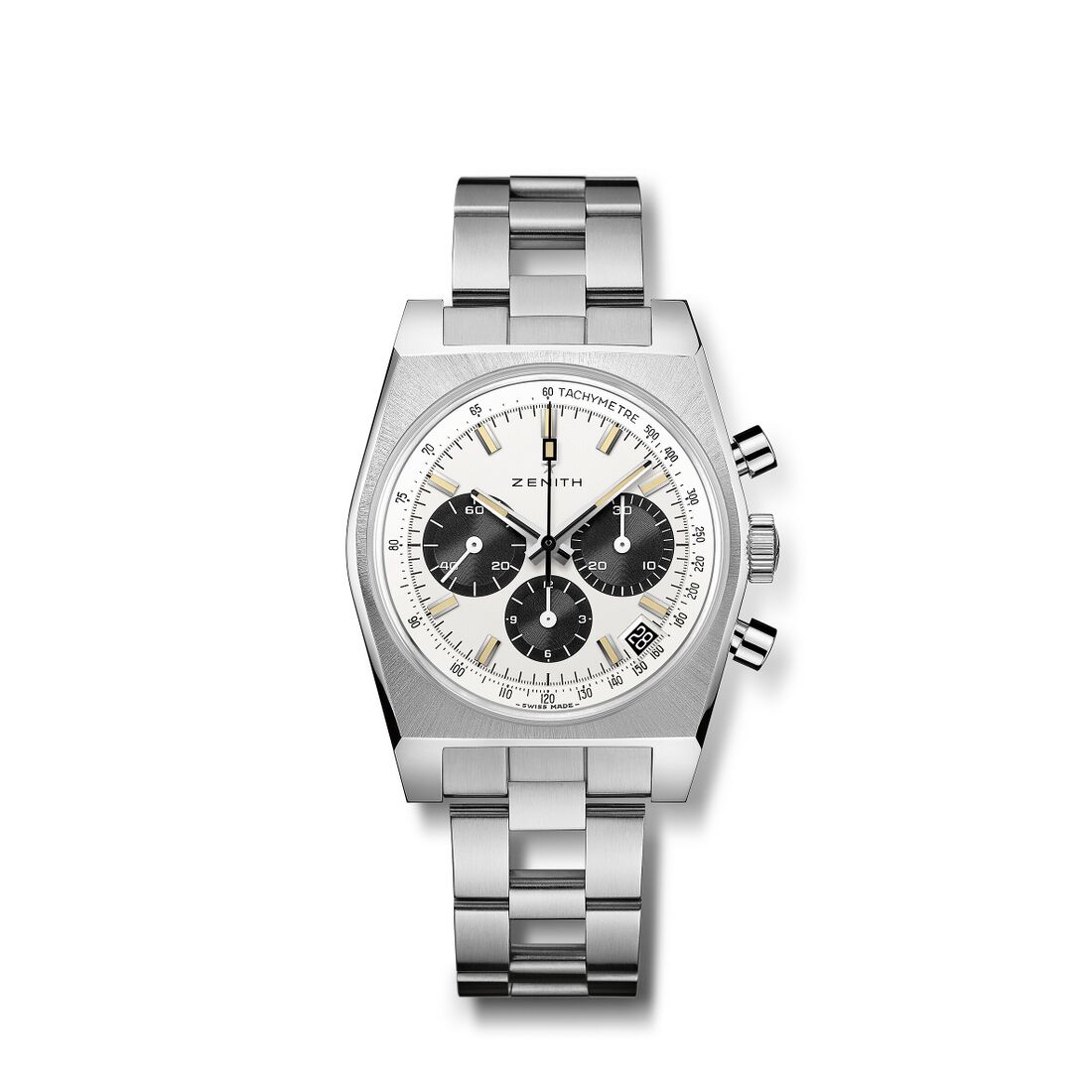 A Zenith chronograph has a white dial, three black registers and a ladder bracelet.