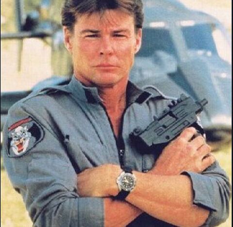 Jan-Michael Vincent as Stringfellow Hawke with the Heuer (unidentified model) in Airwolf (1984)