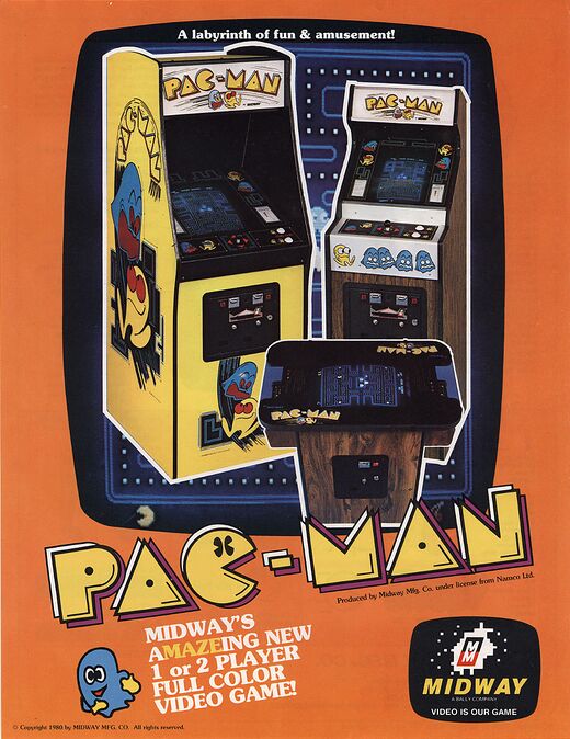 1980 Pac-Man sales flyer showing three arcade cabinets, the maze, and a large Pac-Man logo