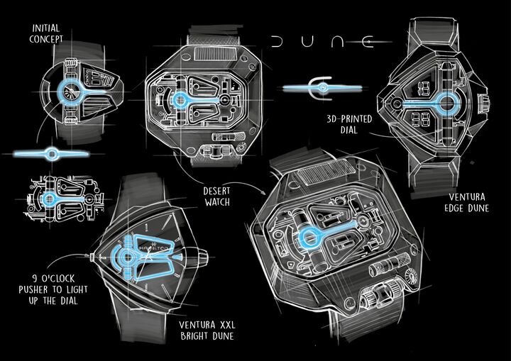 Hamilton drawings connecting the Dune Desert Watch to two Ventura limited editions