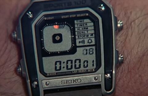 Roger Moore as James Bond with the Seiko G757 in Octopussy (1983)